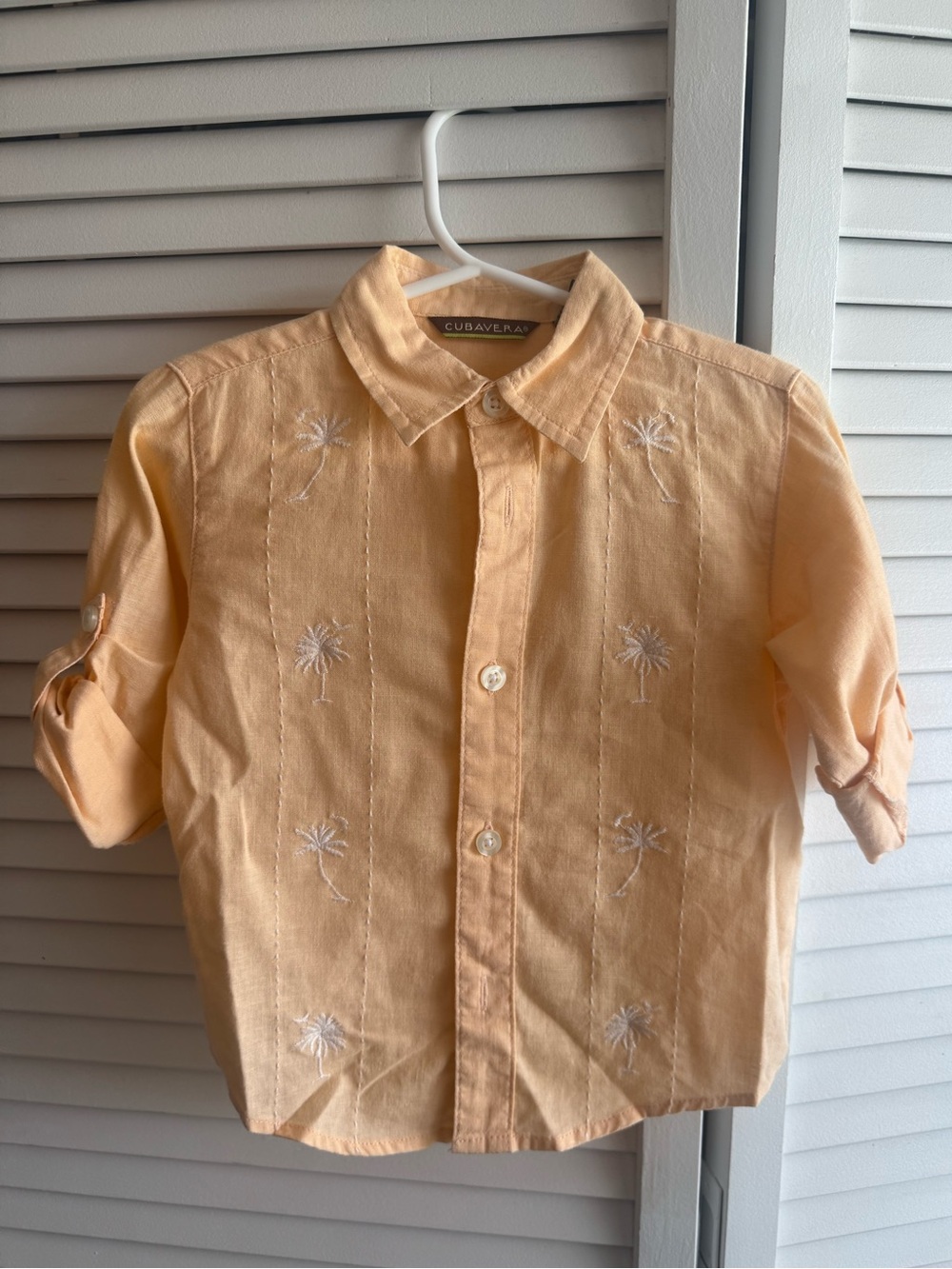 Cubavera Light Peach Palm-Embroidered Short Sleeve Shirt